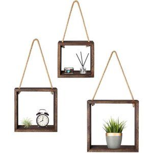 3 pcs Hanging Square Floating Shelves Wall Mounted Boho Decor Rustic Wood Cube